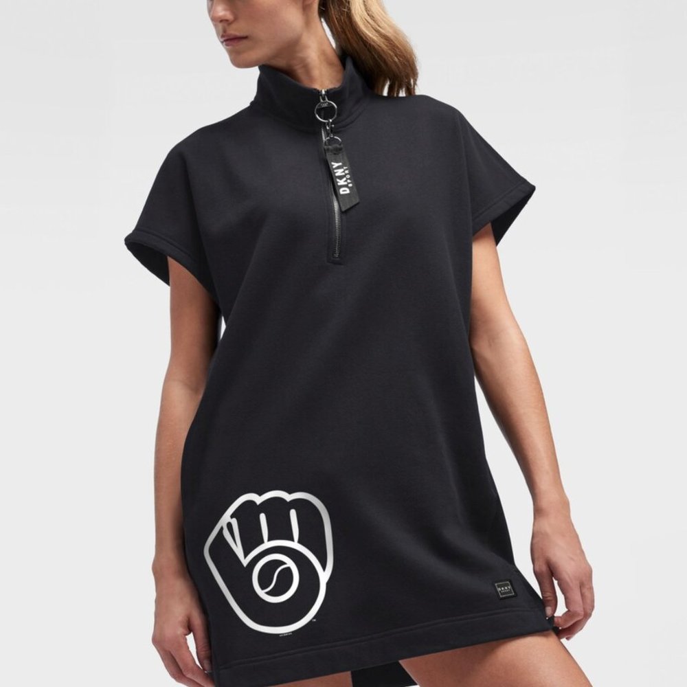 DKNY Black Short Sleeve Logo Tunic Dress with White Graphic